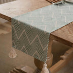 CouldNook Geometric Jacquard Table Runner - Minimalist Chevron Tassel Dresser Scarf (Sage Green)
