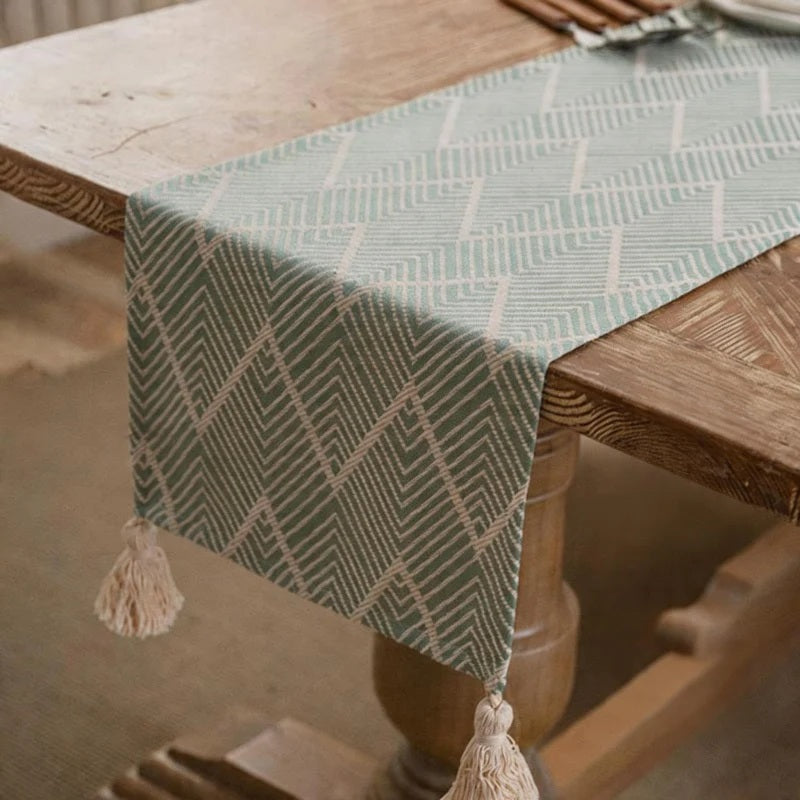 CouldNook Geometric Jacquard Table Runner - Minimalist Chevron Tassel Dresser Scarf (Sage Green)