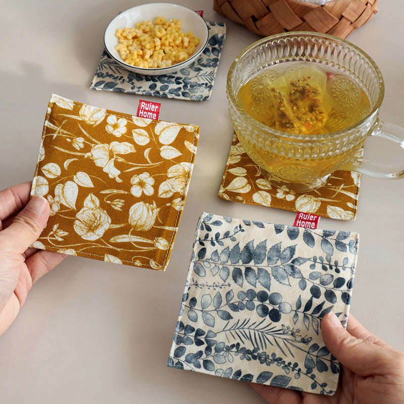 CouldNook Printed Cotton Linen Coaster - Vintage Botanical Drink Mat