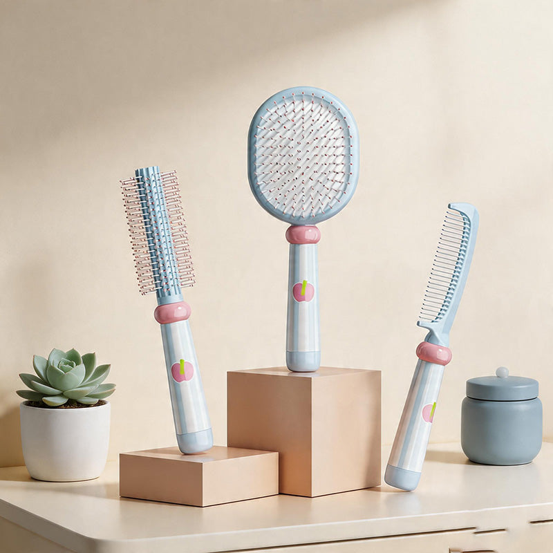 CouldNook Aesthetic Pastel Hairbrush 3-Piece Set - Cushion, Roller & Flat Comb