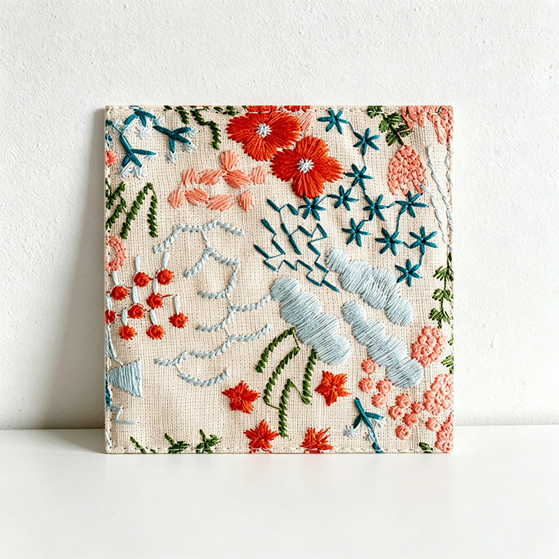 CouldNook Embroidered Cotton Linen Coaster - Cottagecore Floral Drink Mat