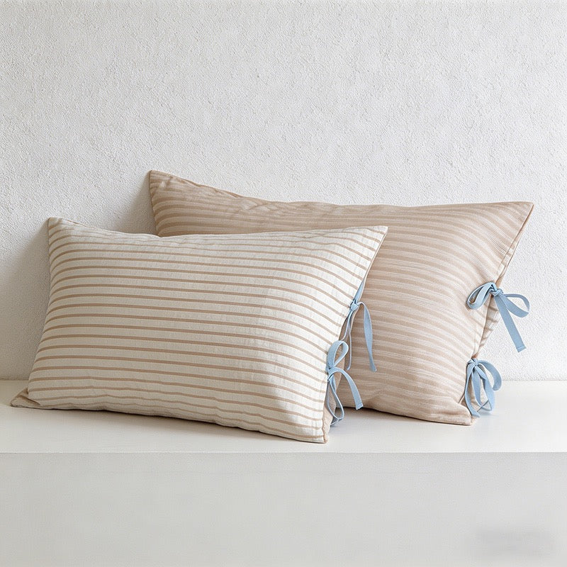 CouldNook Vintage Washed Cotton Striped Pillowcase - Cottagecore Bowknot Tie Pillow Cover
