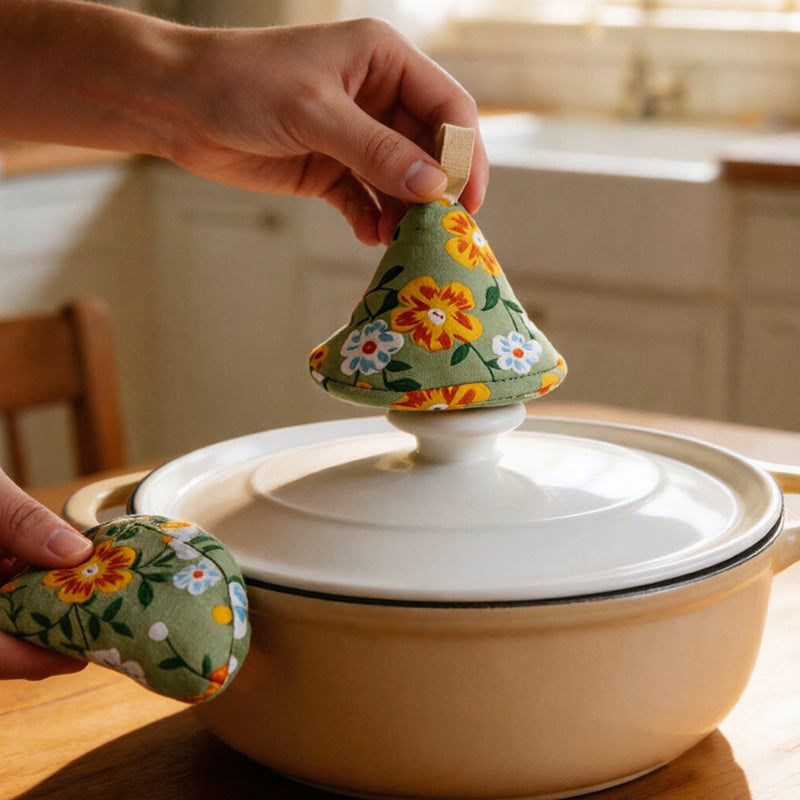 CouldNook Floral Cotton Triangle Pot Lid Cover & Mini Oven Mitt - Anti-Scald Holder