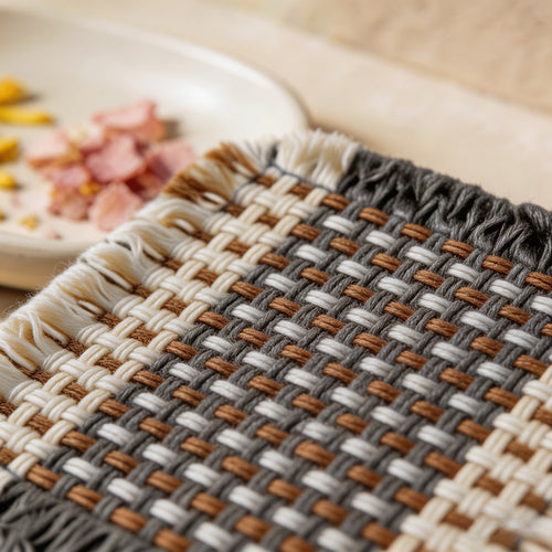 CouldNook Boho Hand-Woven Fringe Coaster - Chunky Checkered Cotton Mug Mat