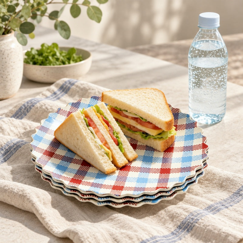CouldNook Scalloped Plaid Plate - Red Blue Checks And Wavy Rim