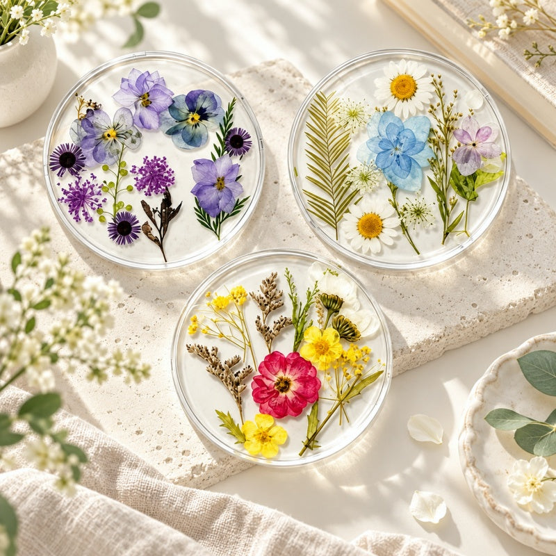 CouldNook Botanical Resin Coaster - Round Shape and Embedded Flowers
