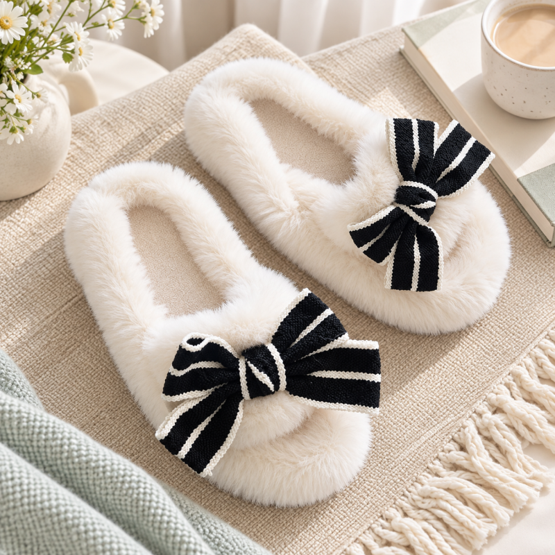 CouldNook Plush Bow Slippers - Cream and Black Options