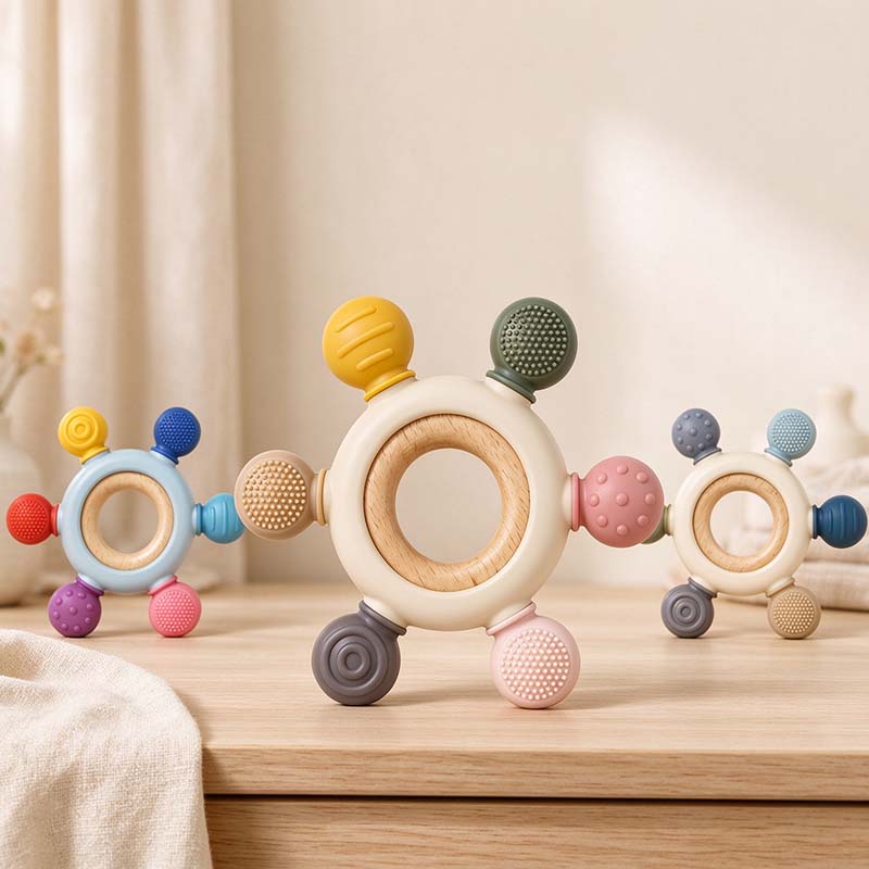CouldNook Textured Ring Teether - Rounded Tabs and Wooden Center