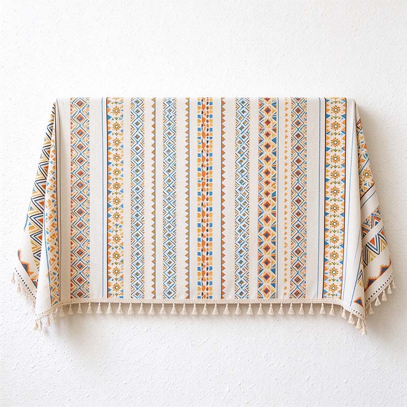 CouldNook Geometric Tassel Tablecloth - Patterned Bands and Cotton-Linen Blend Fabric