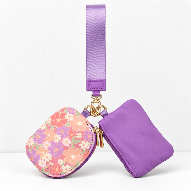 CouldNook Wristlet Pouch Set - Floral and Plain Zippered Compartments