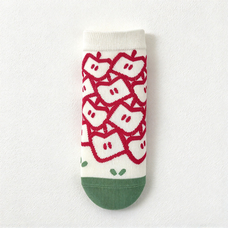 CouldNook Graphic Crew Socks - Apple Motifs And Contrasting Stripe Patterns