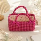 CouldNook Gingham Quilted Storage Basket‑French Style Bow‑Decorated Handheld Organizer