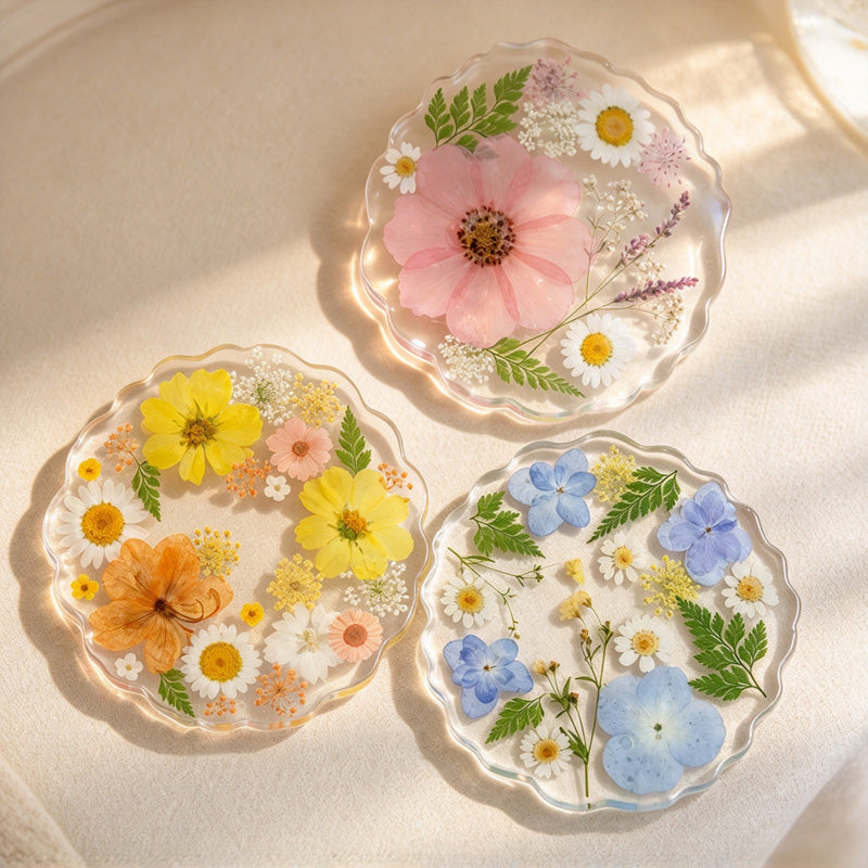 CouldNook Dried Flower Resin Coaster - Clear Body and Wavy Edge
