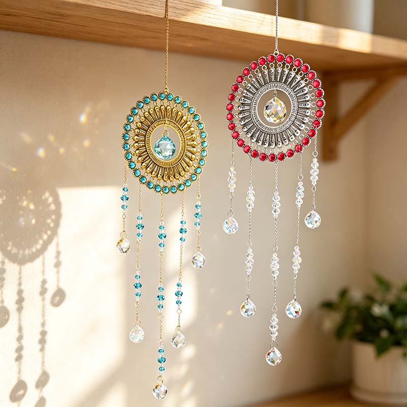 CouldNook Sunburst Suncatcher - Beaded Circular Frame And Cascading Drops