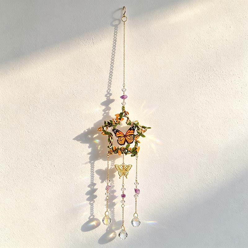 CouldNook Botanical Suncatcher - Butterfly Accents On Leaf Wrapped Frames