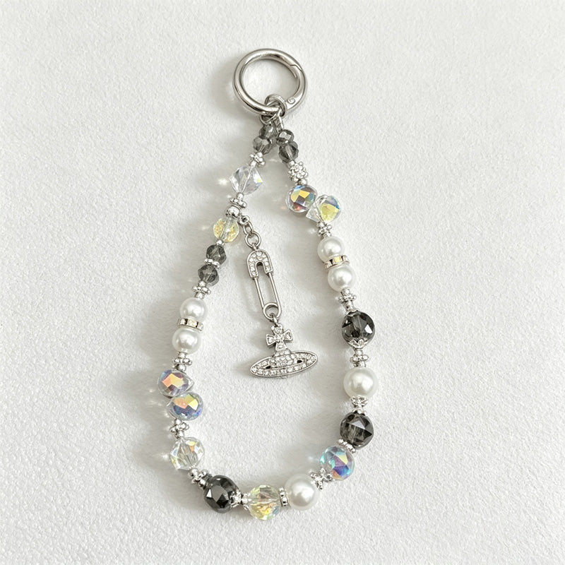 CloudNook Saturn Charm Phone Strap‑Crystal Pearl Wrist Lanyard