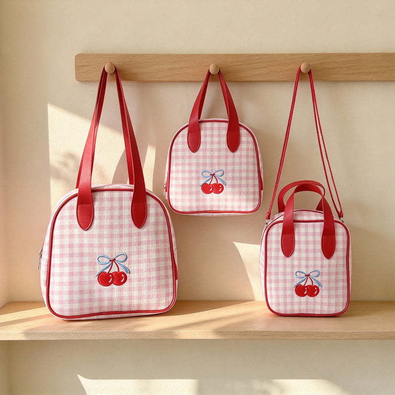 CouldNook Pink Gingham Makeup Bag - Cherry Motif And Red Handles