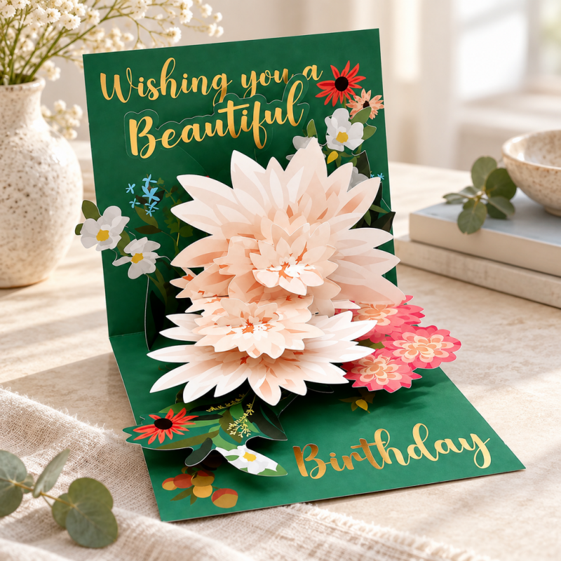 CouldNook Floral Pop-Up Greeting Card - Pale Layered Blooms and Gold-Toned Lettering