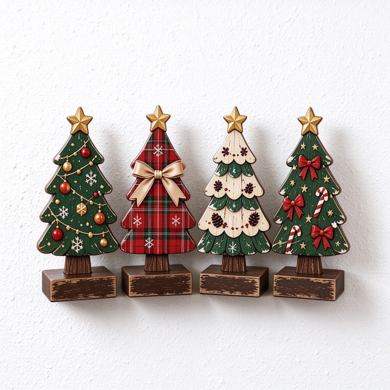 Four-Piece Wooden Christmas Tree Tabletop Decoration Set