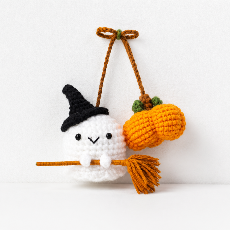 CouldNook Yarn Ghost Hanging Ornament - Pumpkin Pairs and Witch Hats