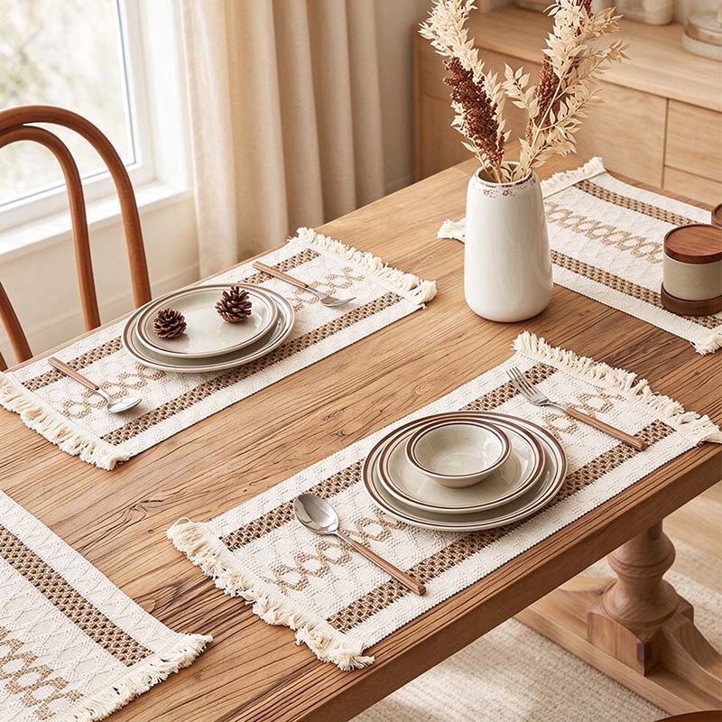 Fringed Woven Placemat with Stripes and Diamond Patterns