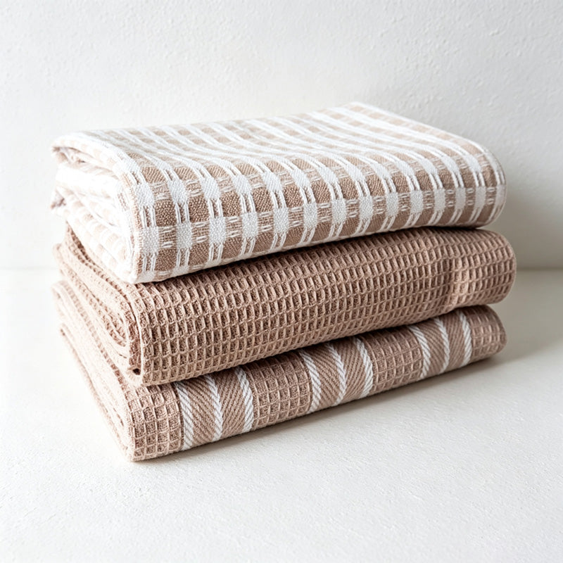 CouldNook Three Piece Cotton Kitchen Towel Set - Check and Waffle