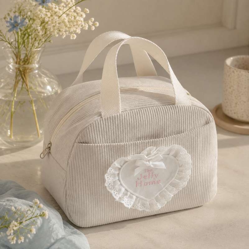 CouldNook Corduroy Lunch Bag - Lace Heart and Top Handle