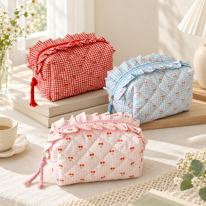 CouldNook Cherry Gingham Makeup Pouch - Ruffled Zipper Edge