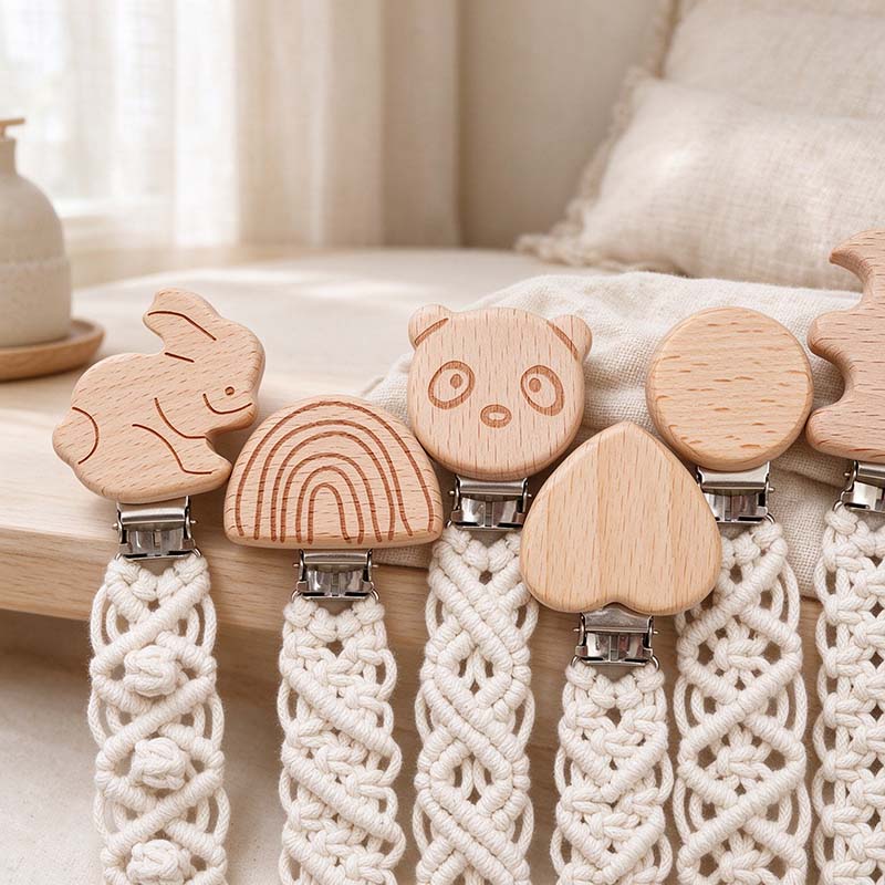 CouldNook Pacifier Clip - Knotted Cotton Cord and Shaped Wood Detail