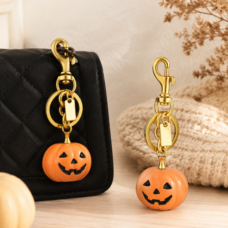 CouldNook Pumpkin Keychain - Jack-O-Lantern Face and Gold-Tone Clasp