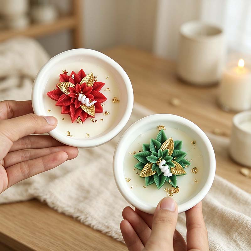 CouldNook Floral Christmas Candle - Layered Petals and Gold-Tone Details