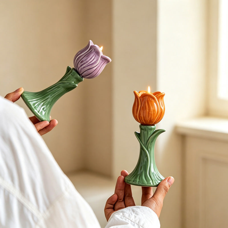 CouldNook Tulip Candle Holder - Sculpted Petals and Leaf Base
