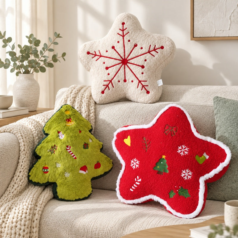 CouldNook Christmas Shaped Cushion - Plush Star Tree and Snowflake