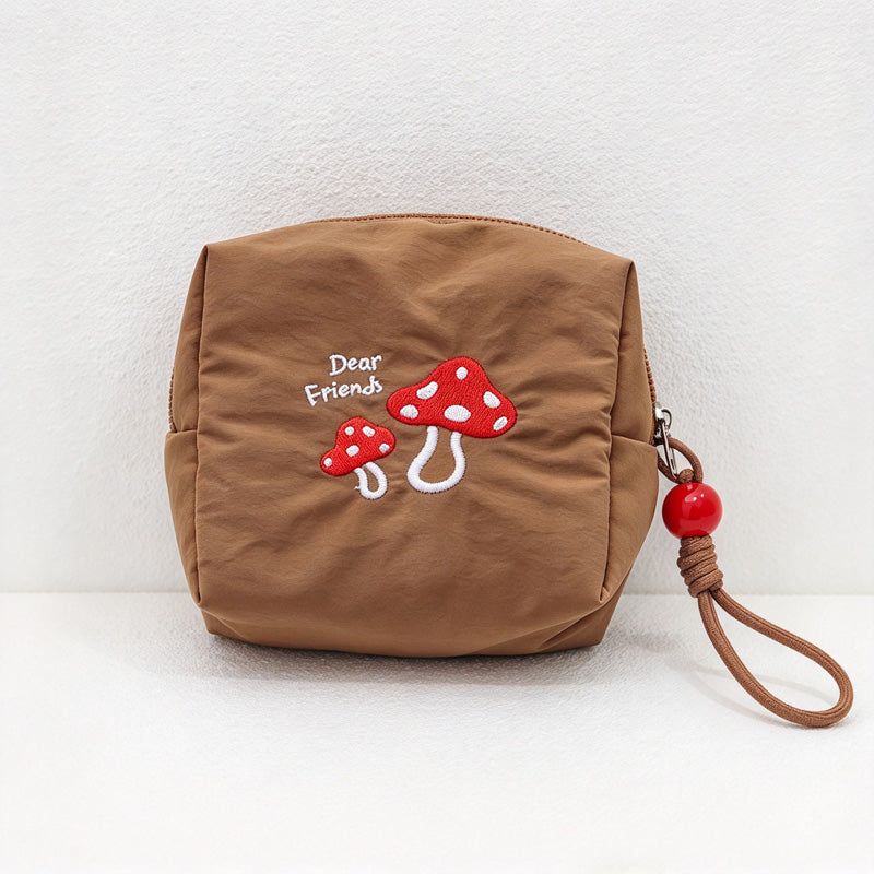 CouldNook Embroidered Mushroom Makeup Bag - Beaded Wrist Loop And Zipper