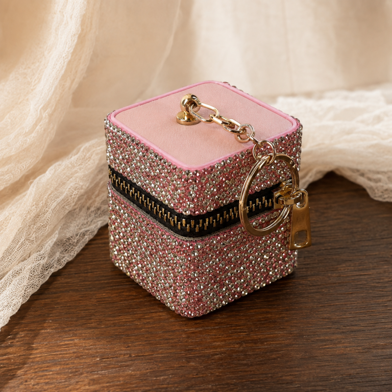 CouldNook Square Rhinestone Coin Purse Keychain - Zippered Cube Profile