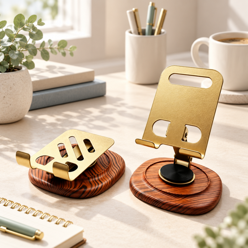 CouldNook Folding Phone Stand - Gold-Toned Support and Woodgrain Patterned Base