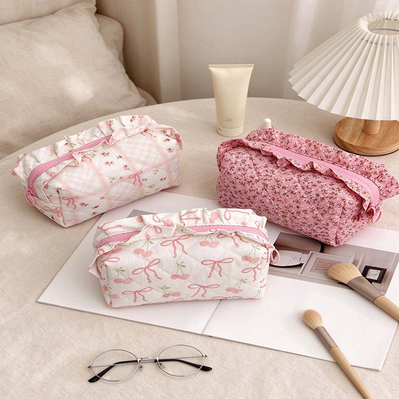 CouldNook Ruffled Cosmetic Pouch - Patterned Fabric And Top Zip Opening