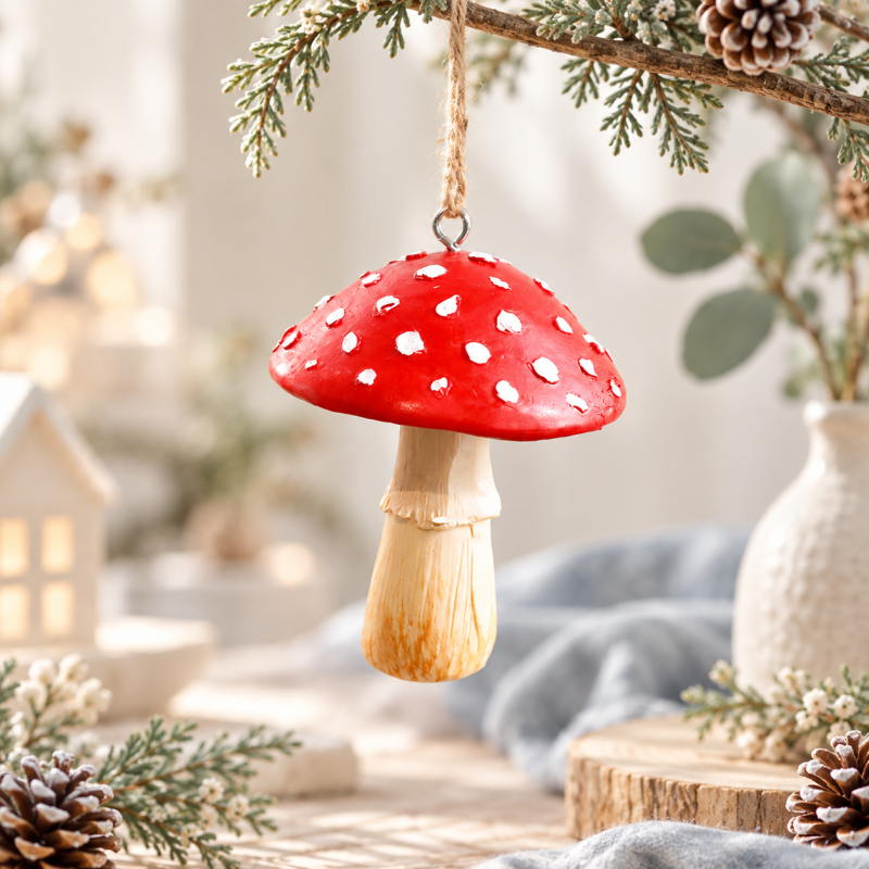 Mushroom Ornament - Paired Red Caps and Twine Loop