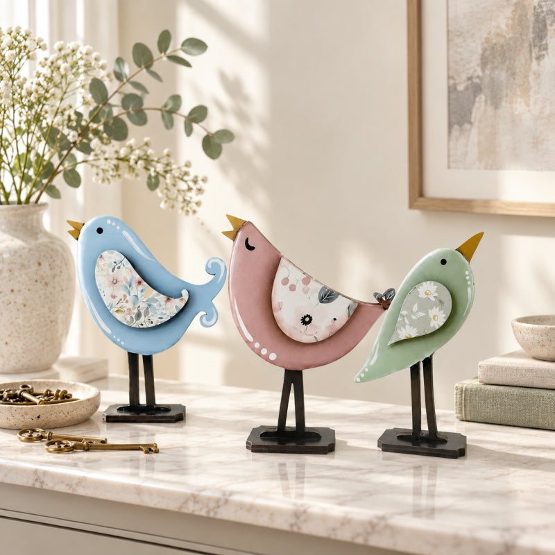 CouldNook Wooden Bird Figurine - Floral Wing Freestanding Tabletop Accent