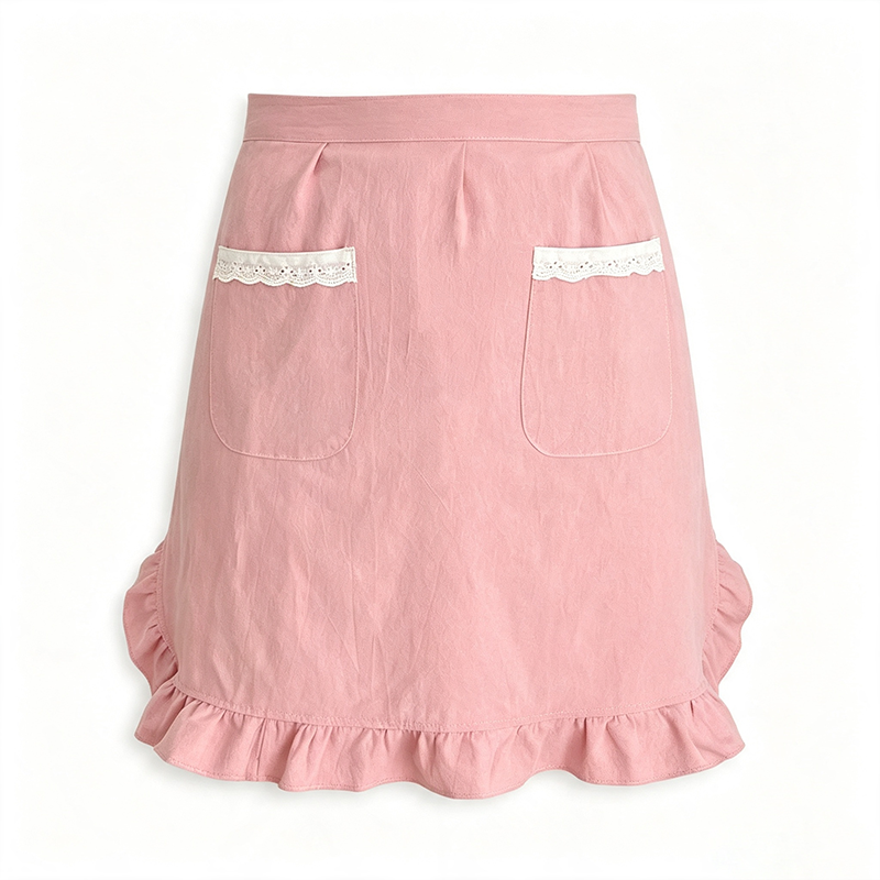 CouldNook Solid Waist Apron - Lace Pocket Ruffle Border