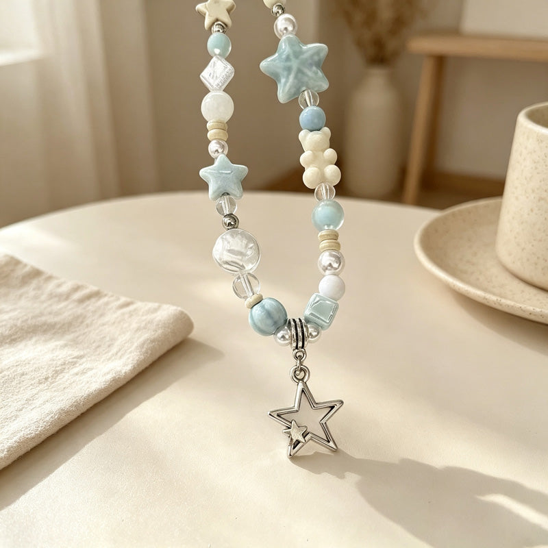 CloudNook Star Beaded Phone Strap‑Light Blue Wrist Lanyard