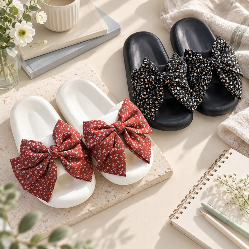 CouldNook Floral Bow Slippers - Black and White Options