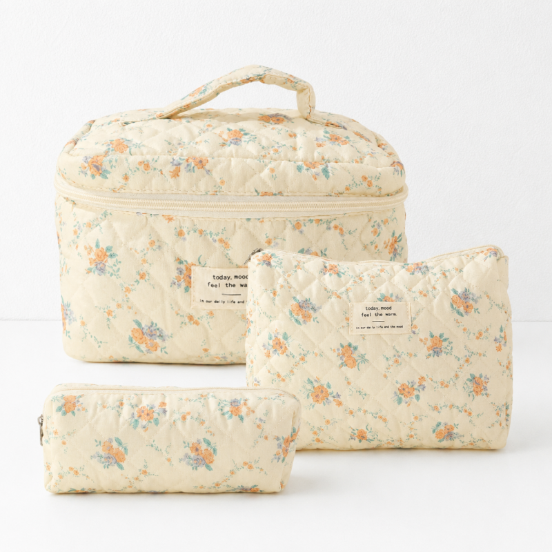CouldNook Three Piece Quilted Cosmetic Bag Set - Floral Travel Organizers