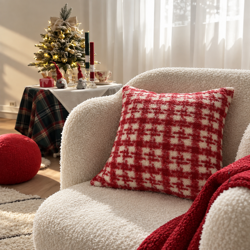 CouldNook Checked Cushion Cover - Fuzzy Surface And Contrasting Woven-Look Pattern