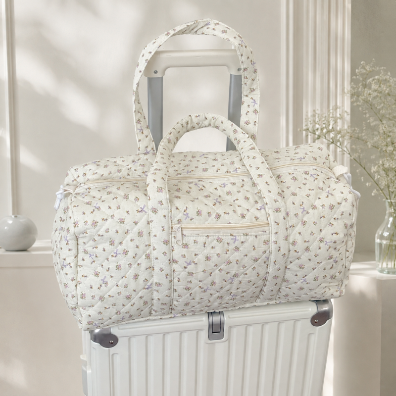 CouldNook Quilted Floral Travel Bag - Carry Handles and Front Zipper Pocket