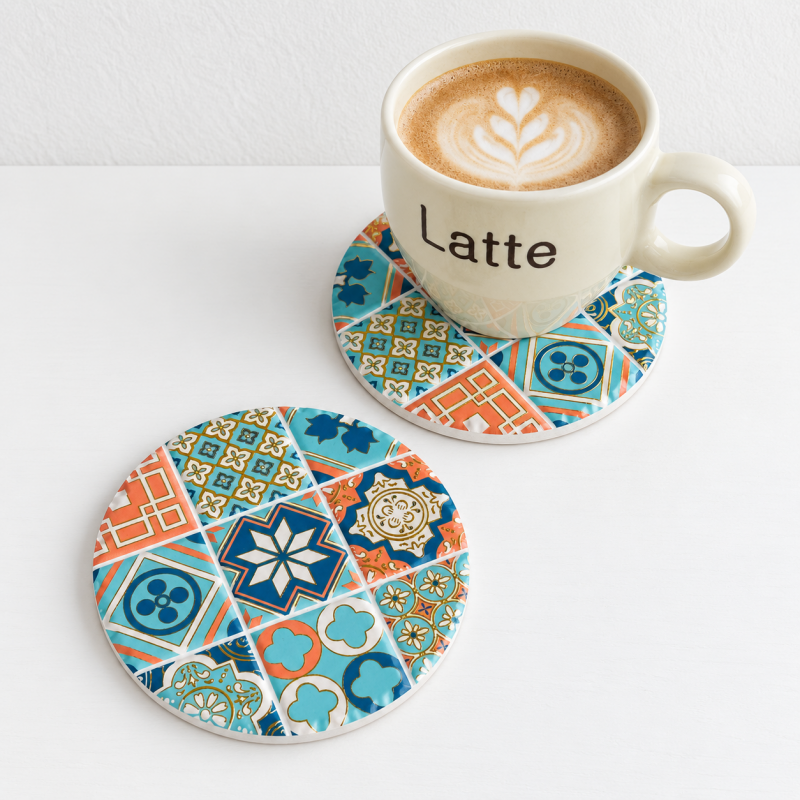 CouldNook Patterned Round Ceramic Coaster - Colorful Tile Designs Accent