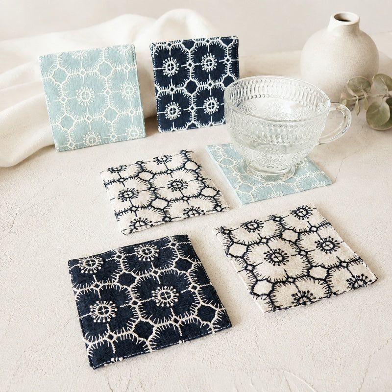 CouldNook Floral Embroidered Cotton Linen Coaster - Double Layers