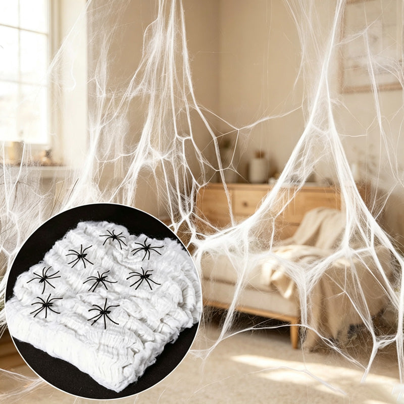 CloudNook 300g White Spider Web – Halloween Decoration with 100 Spiders