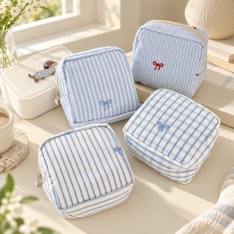 CouldNook Square Storage Pouch - Blue Stripes and Checks