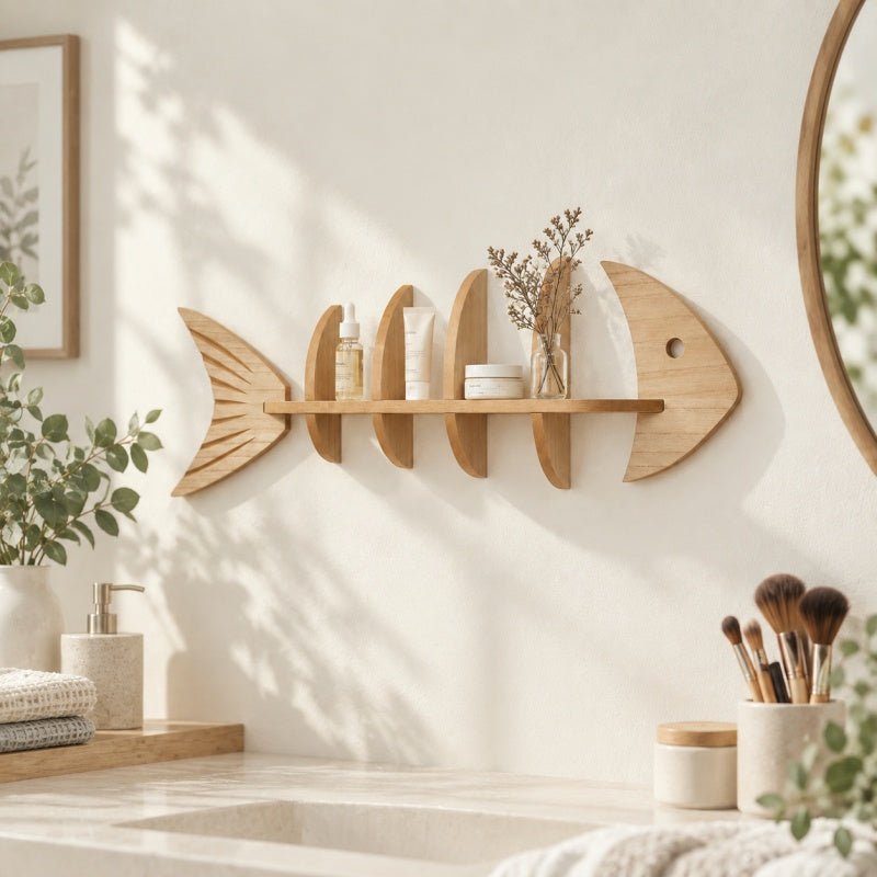 CouldNook Fish Wall Shelf - Open Sections and Coastal Outline